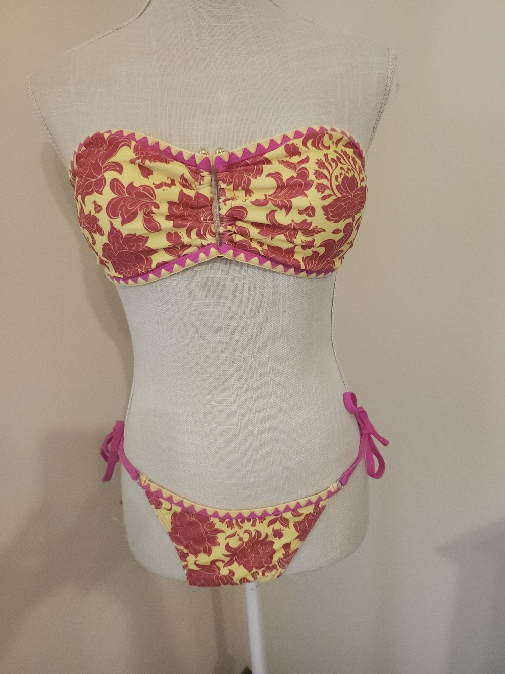 Yellow & Fuschia Floral Strapless Bikini Set